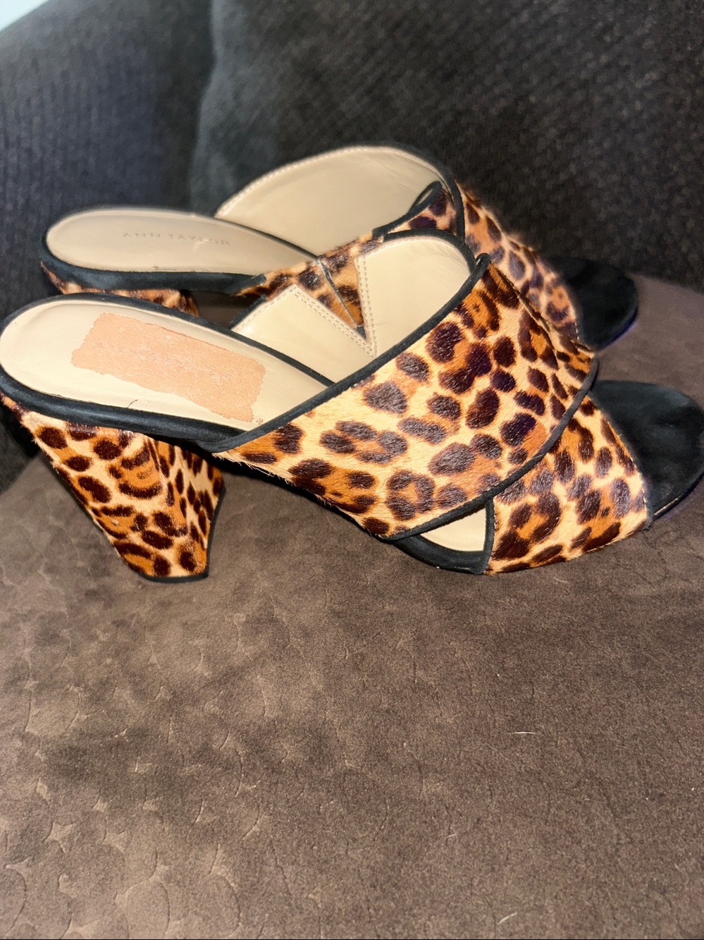Ann Taylor Leopard Print Mule Slides in Black and Tan Real Fur